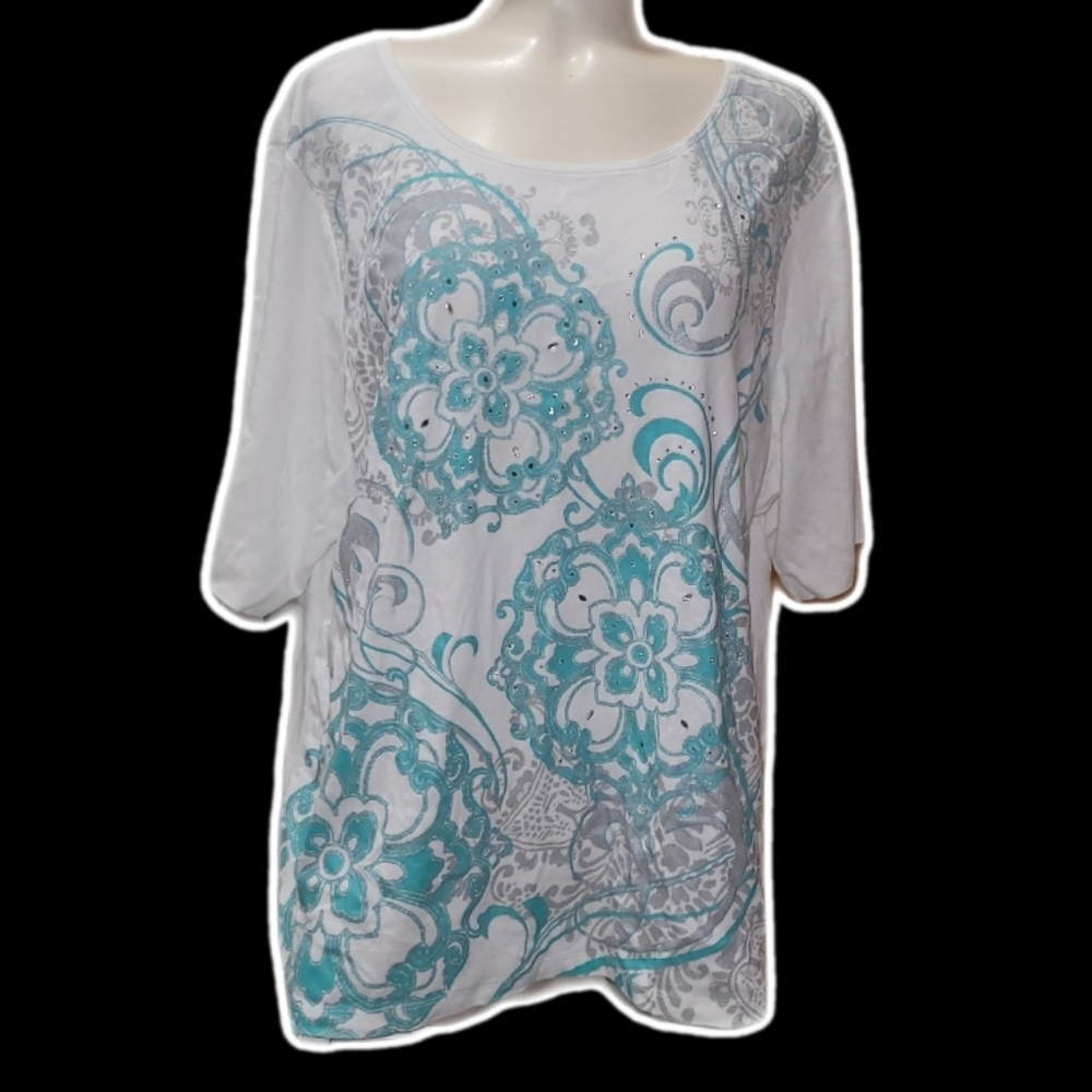 white + teal rhinestone floral y2k mcbling top ──★ ˙ ̟